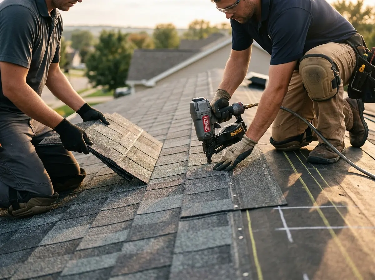 Professional roofer working on a residential roof in Carson